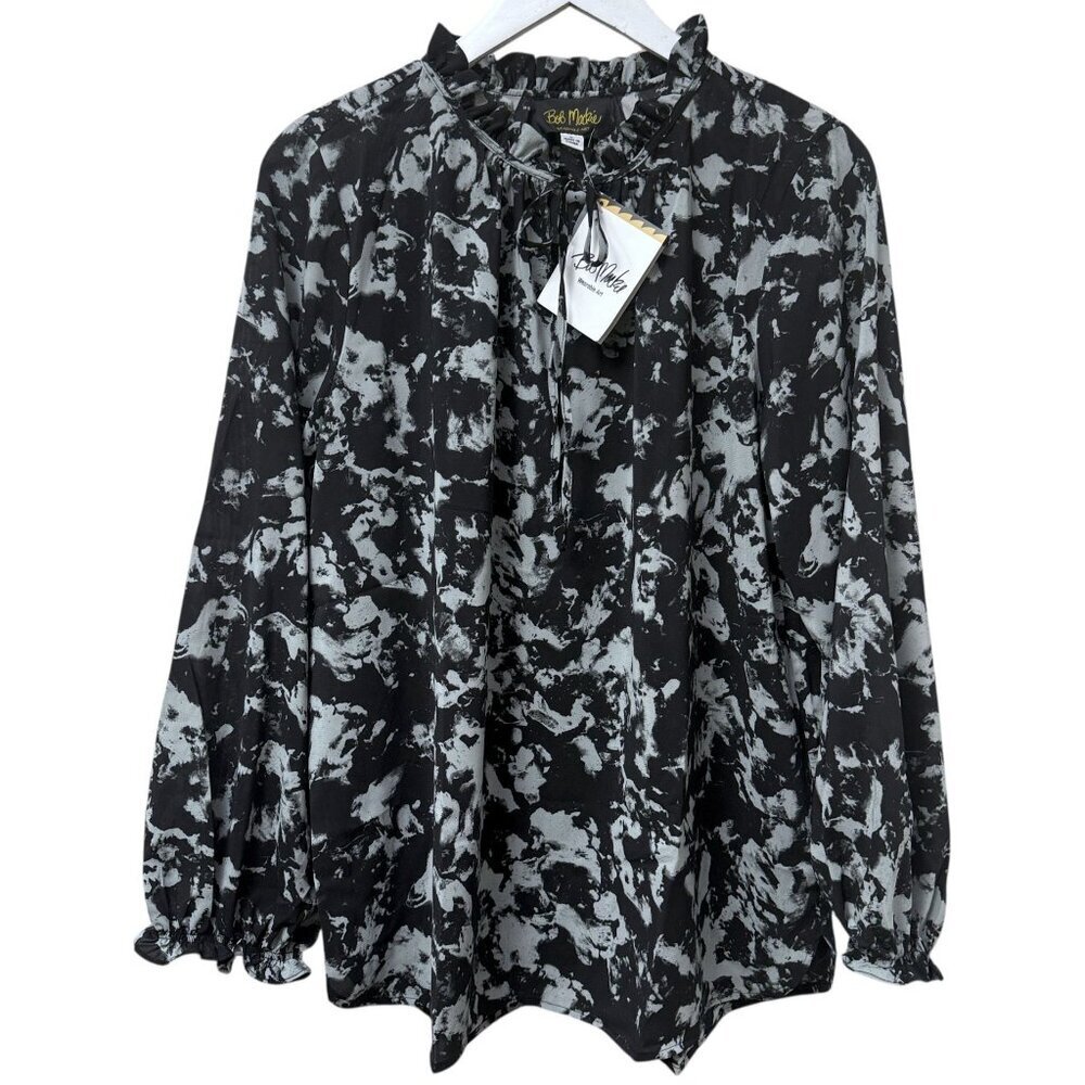 BOB MACKIE Blouse Large Black Artsy Print Tie Neck Long Sleeve Womens Top NWT